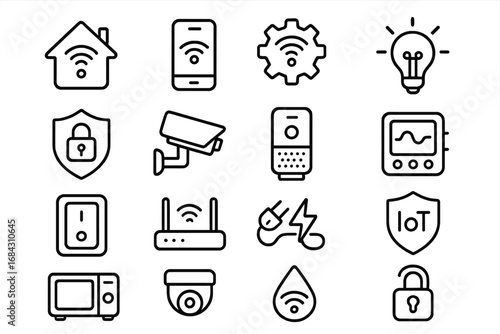 Smart home technology outline icon set. Vector collection of internet of things (IoT) symbols for automation. Wireless control, security camera, smart device and gadget icons.