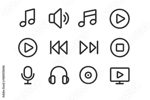 Music and multimedia player line icon set. Vector collection of thin outline symbols for web and app interface. Audio and video signs like play, stop, record, note, and volume.
