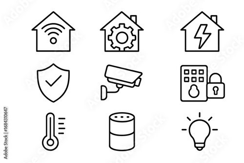 Smart home technology outline icon set. Vector collection of automation, security, and energy management symbols. Includes camera, thermostat, smart speaker, and lighting icons.