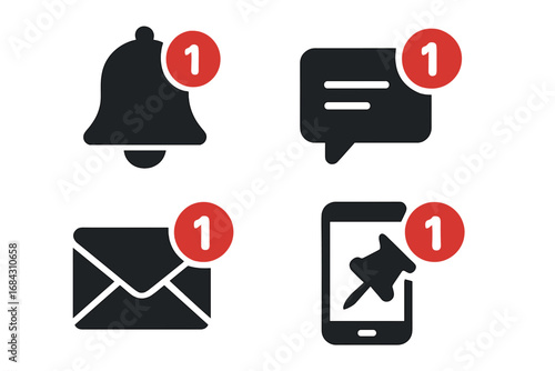 Vector notification icon set. New message and alert concept with bell, email, and chat bubble icons. Red counter badge for social media or app user interface design.