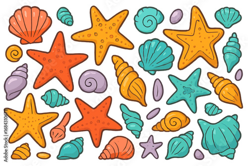 Colorful collection of seashells and starfish. Cute cartoon sea shell and star fish pattern for summer beach decor. Marine underwater ocean life vector illustration set.