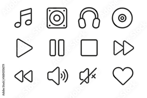 Minimalist music and media player icon set. Vector line art symbols for web and app UI UX design. Includes play, pause, stop, forward, rewind, volume, mute, heart icons.