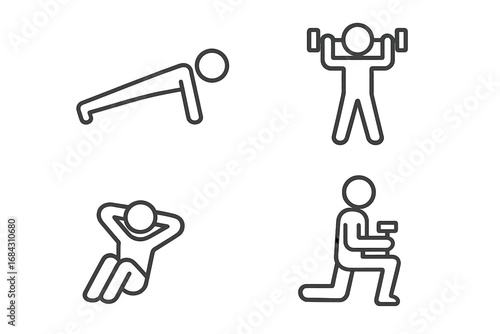 Minimalist exercise icons set in line art style. Vector stick figure pictograms of workout poses: push-up, crunches, lunges, and weight lifting. Simple fitness symbols.