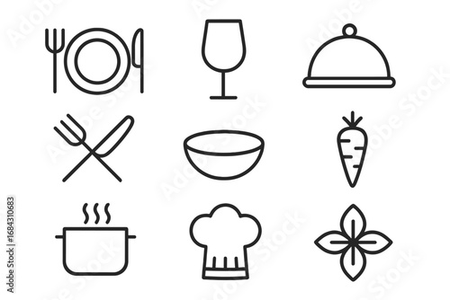 Restaurant and culinary line icon set. Vector symbols for cooking, food, and dining. Minimalist kitchen essentials, dinnerware, chef hat, and cloche illustration.