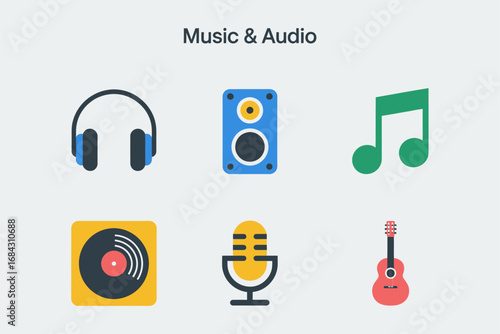 Sound and music vector illustration pack, microphone record headphone guitar note speaker, audio entertainment icons, musical elements design collection