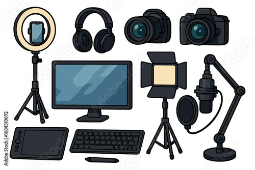 Content creator kit for vlogging, streaming, podcast. Multimedia equipment collection with camera, mic, computer. Digital workspace gear. Vector cartoon illustration set.