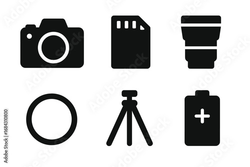 Photography equipment solid icon set. Vector glyph collection of camera gear: DSLR, SD memory card, lens, filter, tripod, and battery. Simple black silhouette symbols.