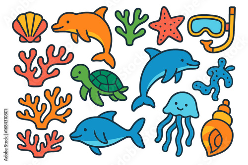 Marine life vector icon set. Cute cartoon sea animal collection: dolphin, turtle, jellyfish, starfish. Underwater elements with coral, seashell, and diving mask illustration.
