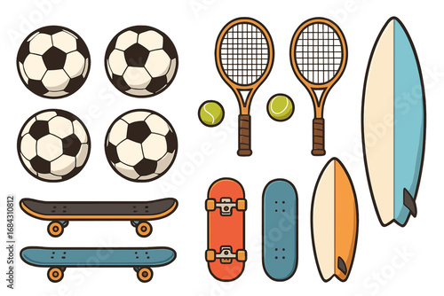 Sports equipment collection. Vector icons of soccer ball, retro tennis racket, skateboard, surfboard. Cartoon flat illustration for active lifestyle, hobby, summer and recreation.