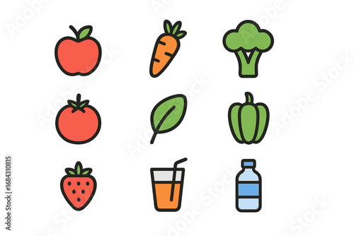 Healthy food icon set. Minimal vector fruits, vegetables, drinks. Apple, carrot, broccoli, tomato. Nutrition, diet, fresh, organic, vegan, vegetarian, lifestyle concept.
