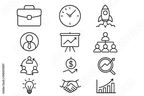 Business and finance line icon set. Editable stroke vector pictograms for web and apps. Concepts include startup, management, teamwork, analysis, growth, strategy, and money.