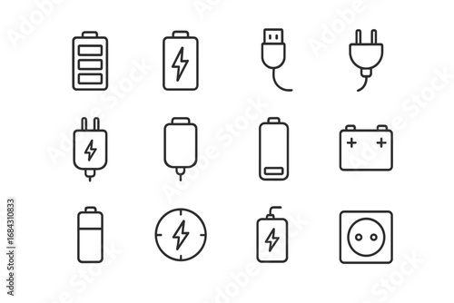 Energy and power line icon set. Vector collection of electricity symbols like battery, charger, USB cable, plug, and outlet. Editable stroke for web, app, and graphic design.