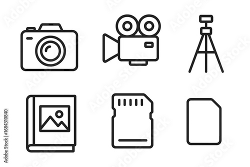 Photography and videography line icon set. Vector collection of camera, movie camera, tripod, photo album, memory card, and digital file symbols. Minimalist outline icons.