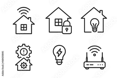 Smart home technology outline icon set. Vector symbols for home automation, security system, energy saving, and internet connectivity. Thin line pictograms for IoT devices.