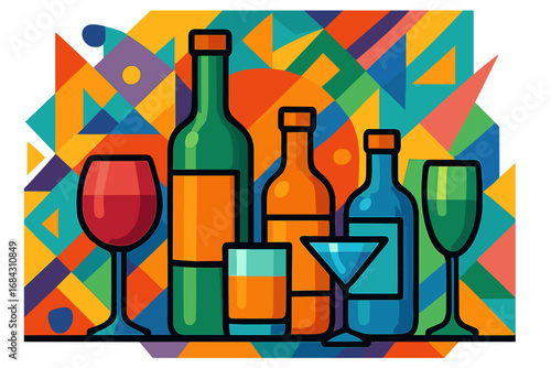 Bar counter with alcohol drinks. Wine bottle, cocktail glass on colorful abstract geometric background. Vector illustration for pub menu, party, celebration, nightlife, beverage.