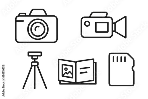 Photography and videography outline icon set. Linear style symbols collection. Photo camera, video recorder, tripod, photo album, memory card vector illustration. Equipment.