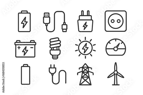 Energy and electricity line icon set. Editable stroke. Vector symbols for power, battery, charging, solar, wind turbine, outlet, plug, and power grid. Simple outline icons.
