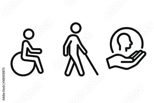 Accessibility icon set. Vector pictograms for physical and mental disability. Wheelchair user, blind person with cane, and mental health support symbol. Inclusive design concept.