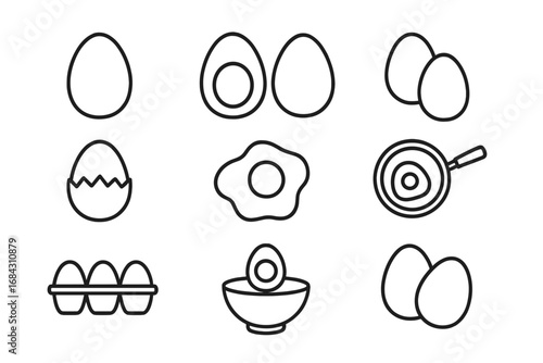 Egg icon set for cooking and breakfast food. Vector line art collection with fried, boiled, cracked eggs, and omelette in a pan. Editable stroke for web, app design.