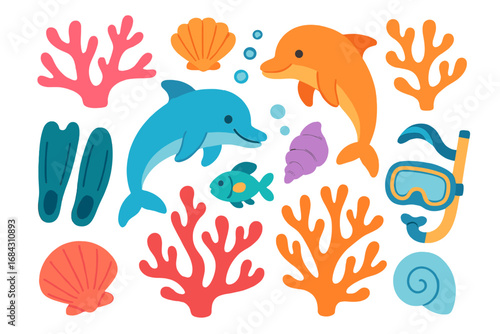 Sea life collection with cute cartoon dolphins, fish, coral, and shells. Underwater animal vector icon set. Summer vacation elements with snorkel mask and flippers for diving.