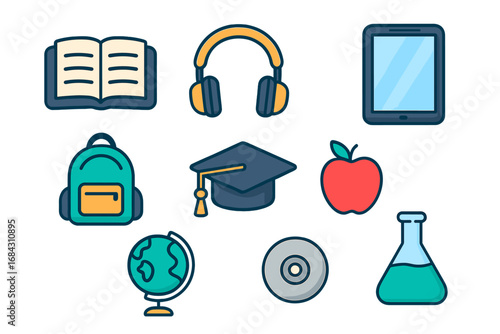 Modern education and e-learning icon set. Vector cartoon illustration for school and university. Knowledge, study, science, online course, and graduation concept symbols.