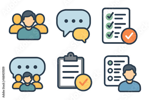 Modern office communication icon set with group chat and task management symbols. Business teamwork, project collaboration, checklist, and survey vector icons for web design.