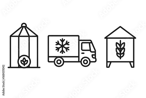 Post-harvest storage and logistics icon set. Outline icons of grain silo, refrigerated truck, and storage bin. Vector illustration for agriculture and food supply chain concepts.