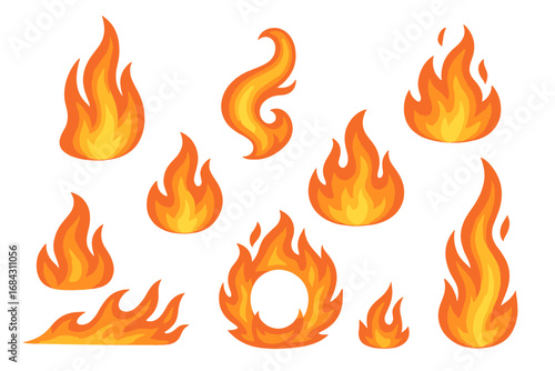 Set of colorful fire and flame illustrations. Cartoon vector bonfire, fireball, torch elements. Hot burning blaze, campfire, inferno symbols for dynamic design on transparent background.