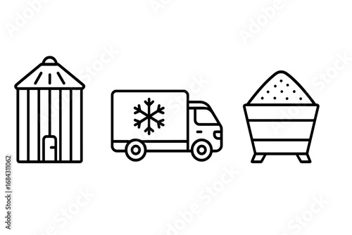 Post-harvest logistics and storage icon set. Vector outline illustration of a grain silo, refrigerated truck, and farm produce bin for agriculture industry concepts.