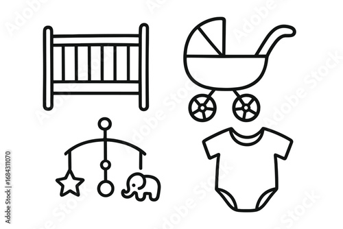 Newborn essentials icon set in a minimalist doodle style. Baby items line art with a crib, stroller, mobile toy and clothing. Vector graphic illustration for a baby shower.