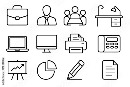 Office outline icon set for business productivity. Vector linear icons for workspace, meeting, and corporate communication. Thin line symbols of computer, chart, and stationery.
