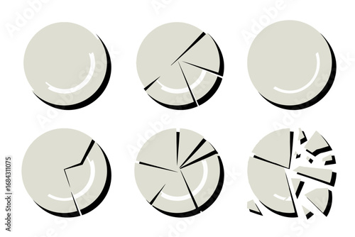 Broken ceramic plate vector illustrations, cracked dish fragments shatter pieces, damaged crockery set, kitchen accident debris graphics