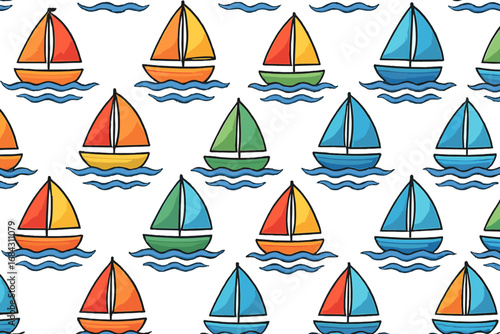 Colorful sailboats seamless pattern. Cute cartoon boat sailing on ocean water. Vector background for kids textile, fabric, or wallpaper design. Nautical marine summer travel theme.