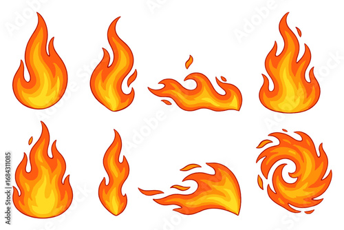 Set of cartoon fire flames. Collection of bonfire and campfire elements. Hot comic flame symbols for graphic design. Vector illustration of dynamic fire shapes and icons.