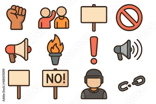 Protest activism filled icon set. Demonstration movement symbols collection. Human rights justice concept. Raised fist, megaphone, riot police, no sign. Vector cartoon illustration.