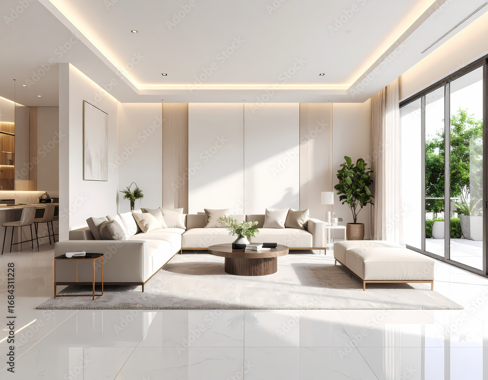 Fototapeta premium Modern living room design with white sofa and marble floor interior decor