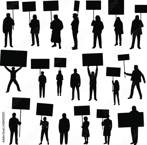 Silhouettes of People Holding Protest Signs, Demonstrators with Blank Placards, Activists in Protest, Social Movement, Political Expression, Public Demonstration, Crowd in Action