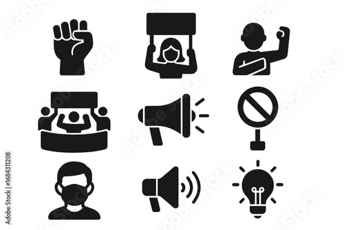 Protest and activism solid icon set. Vector glyph collection of demonstration, advocacy, and awareness symbols. Includes raised fist, protestor, banner, and megaphone icons.