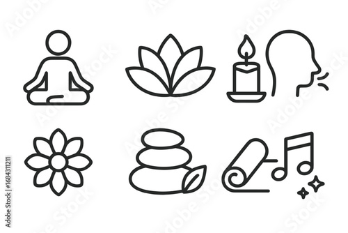 Yoga and meditation line icon set for wellness and relaxation. Minimalist vector symbols of lotus pose, zen stones, candle, breathing exercise, and aromatherapy for spa concepts.