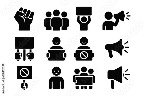 Protest activism solid icon set. Demonstration, advocacy, awareness vector glyphs collection. Social justice, human rights, rally, crowd, raised fist, banner, megaphone.