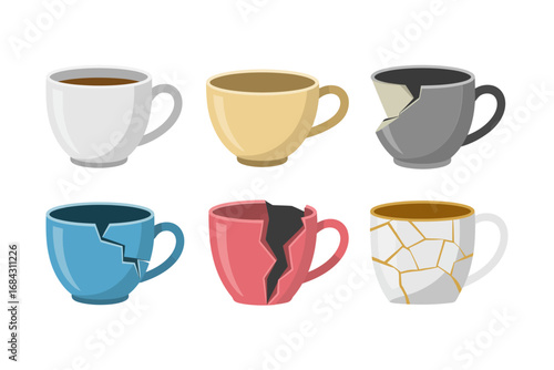Broken ceramic coffee cup illustration set, cracked tea mugs with visible fractures, damaged pottery vector graphics collection
