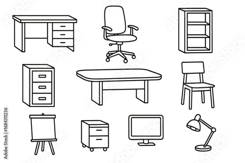 Office furniture line icon set. Business workplace interior equipment collection. Vector outline symbols of desk, chair, table, lamp, cabinet, bookshelf. Editable stroke.