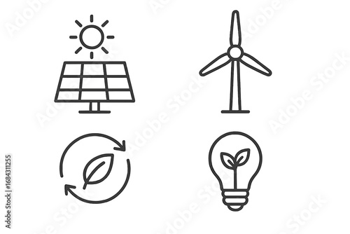 Renewable energy line icon set. Solar panel, wind turbine, recycle leaf, green lightbulb. Sustainable technology, clean power, ecology symbols. Vector outline graphic illustration.
