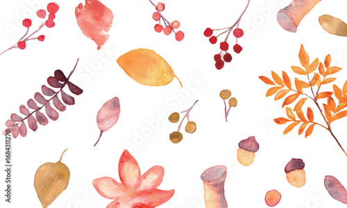 水彩画。水彩タッチのベクター秋イラスト。秋の枯葉やきのこのイラスト。秋の紅葉や葉っぱのフレーム。Watercolor. Watercolor-style vector autumn illustrations. Illustrations of autumn leaves and mushrooms. Frames featuring autumn foliage and leaves.