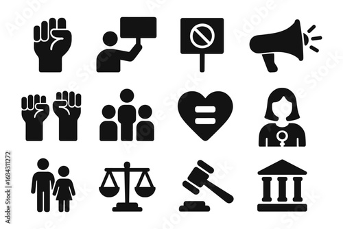 Protest and justice solid icon set. Activism, equality, human rights and legal symbols. Fist, protestor, court, gavel and feminist icons. Vector glyph collection.