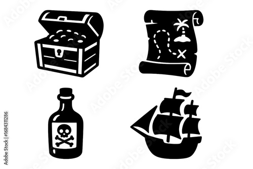 Pirate adventure vector icon set. Black silhouette collection with treasure chest, gold coins, island map, rum bottle, and sailing ship. Sea journey cartoon elements.