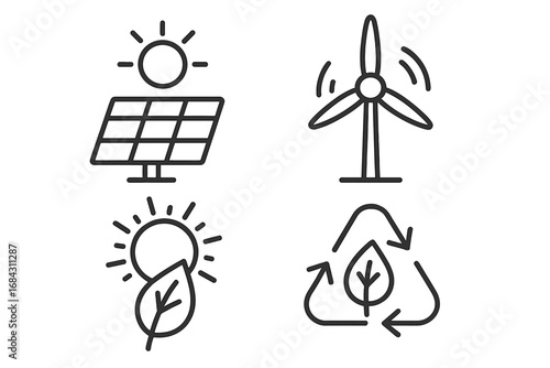 Set of renewable energy line icons. Solar panel, wind turbine, eco friendly leaf, and recycling symbols. Vector concept for sustainability, green power, and environment care.