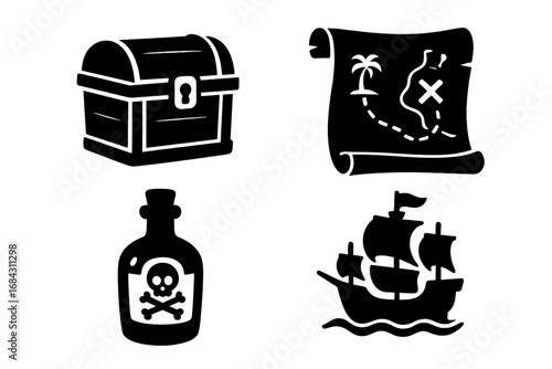 Pirate vector icon set silhouette. Treasure chest, adventure map, rum bottle with skull, sailing ship. Maritime corsair graphic elements. Buccaneer journey cartoon illustration.