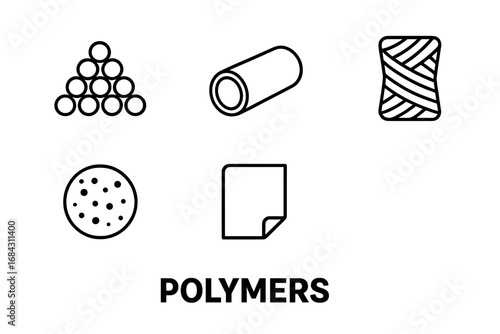 Polymer icons set. Outline vector illustration of plastics. Polyethylene pellet, PVC pipe, nylon fiber, polystyrene bead, polypropylene film. Industrial material concept.