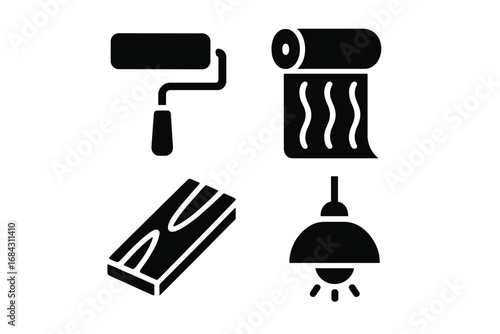 Room renovation solid icon set. Home improvement elements. DIY project tools. Paint roller, wallpaper, wood flooring plank, and ceiling lamp fixture. Vector glyph symbols.